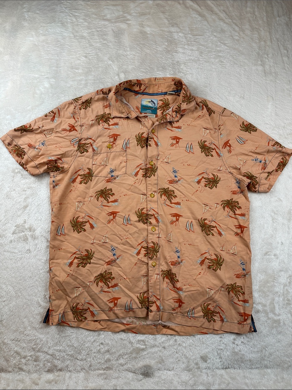 Tommy Bahama Size L Peach Short Sleeve Palm & Sailboat Print 100% Silk | Casual